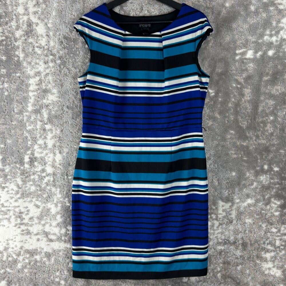 En Focus Studio Size S Striped S Cap‎ Sleeve Sheath Knee Length Dress Blue